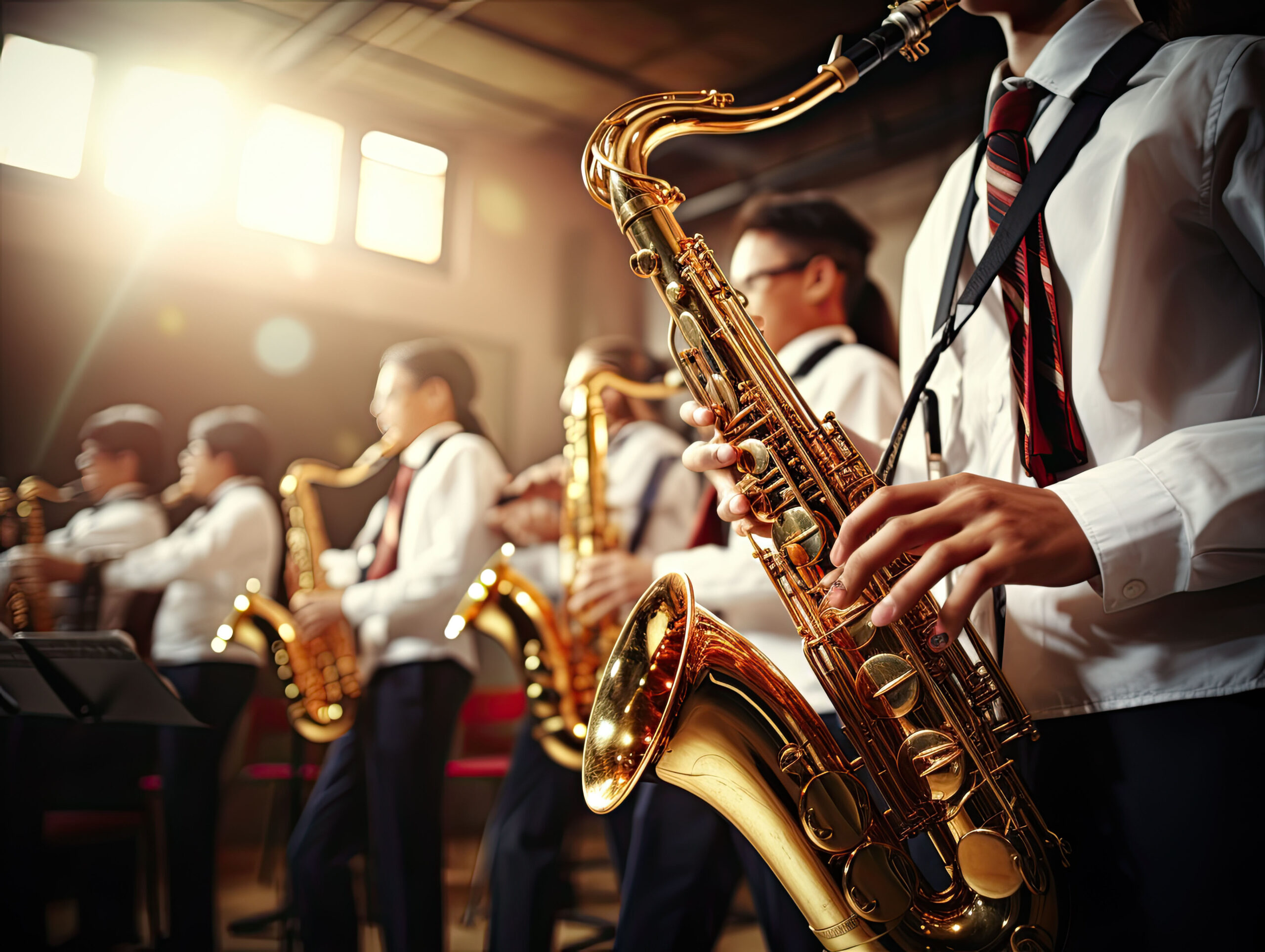 High school students playing brass instruments. Jane A. Sawin Summer Music Camp Scholarship