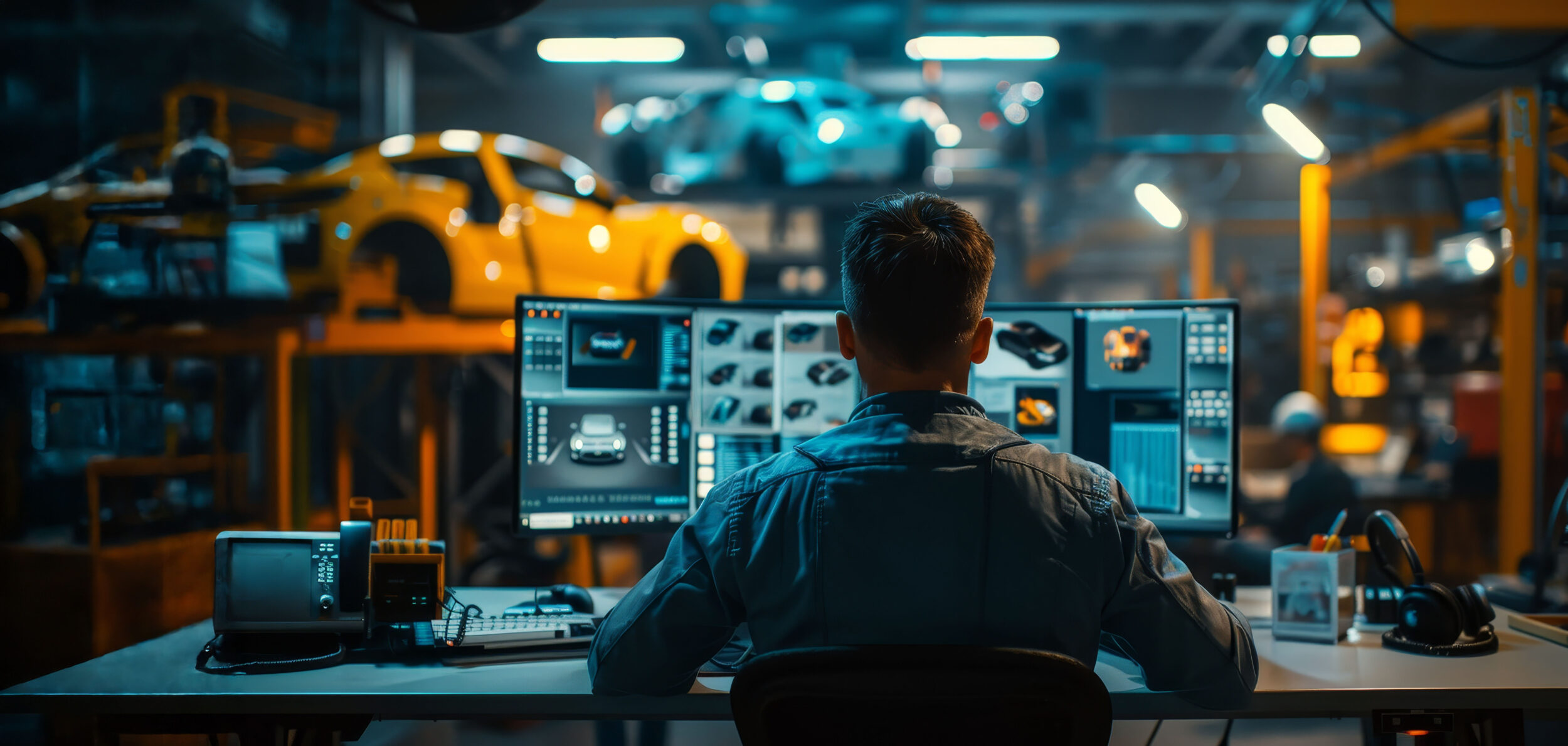 Automotive engineer sitting in front of a computer - Merrill’s Automotive Entrepreneurship & Tech Scholarship