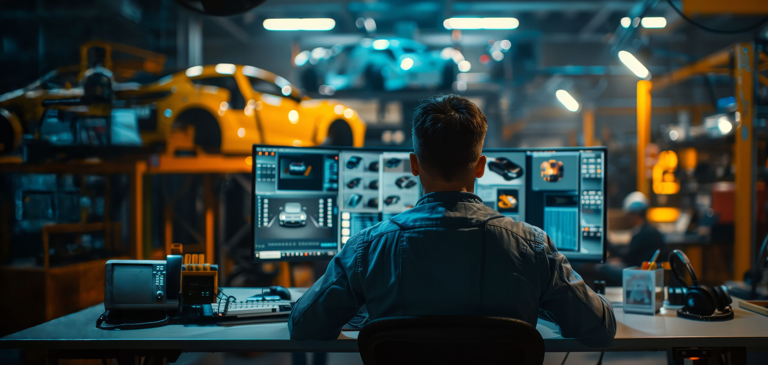 Automotive engineer sitting in front of a computer - Merrill’s Automotive Entrepreneurship & Tech Scholarship