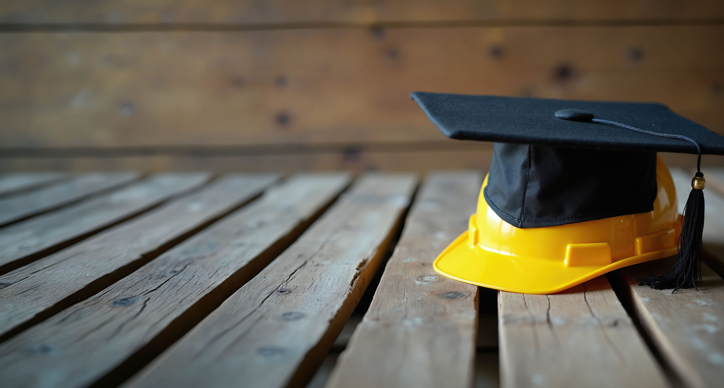 Yellow hard hat with black graduation cap on top - Wexford Missaukee ISD Skilled Trades Scholarship